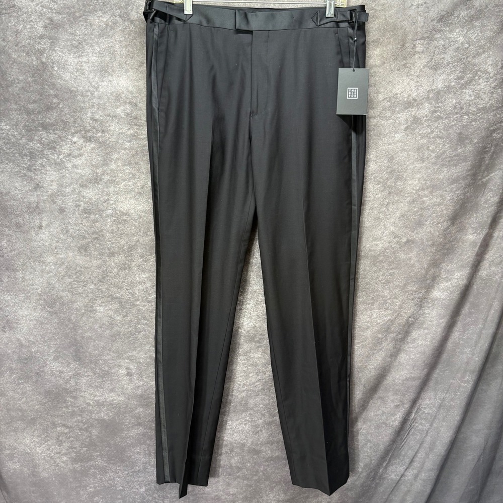 The Blk Tux Black 100% Wool Tuxedo Trousers Dress Pants Size 34 Satin Stripe NWT
